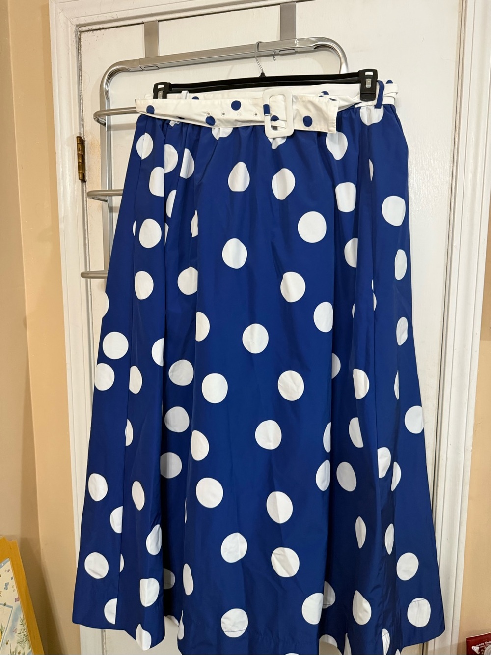 J. Crew Royal Blue and White Polka Dot A-Line Skirt with White Belt